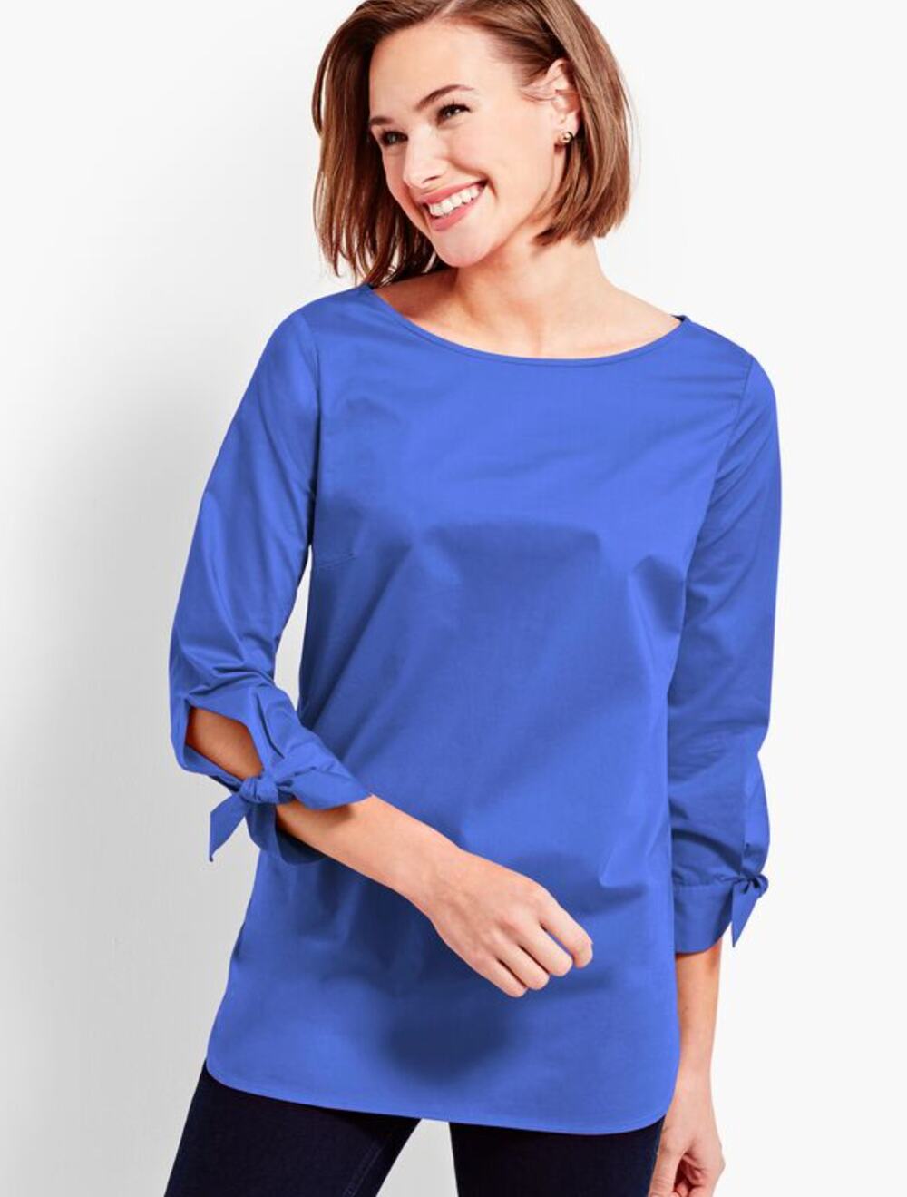 Talbots Women M Blue 3/4 Tie Sleeve Popover Cotton Spring Lightweight Blouse Top